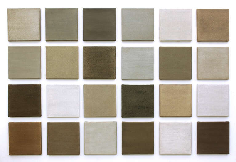 24 Structured Surfaces (24 pieces) | 2015 -18 | soil from various parts of Europe & USA with acrylic on linen | 120 x 175 cm | ea. 24 x 24 cm 24 Structured Surfaces (24 pieces) | 2015 -18 | soil from various parts of Europe & USA with acrylic on linen | 120 x 175 cm | ea. 24 x 24 cm