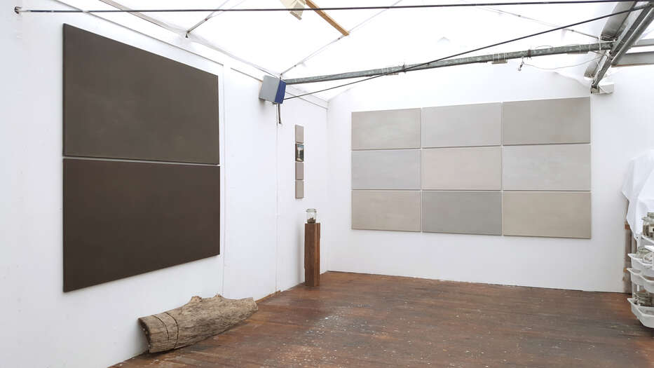 In the Studio | Finding Space 2019 | 151 x 150 cm | The Grey in the Light 2018 | 160 x 280 cm | soils from Germany & USA with acrylic on cotton In the Studio | Finding Space 2019 | 151 x 150 cm | The Grey in the Light 2018 | 160 x 280 cm | soils from Germany & USA with acrylic on cotton