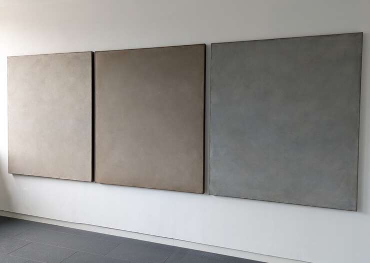 In Between (triptych) | 2025| soils from Germany, Italy, Greece & the USA | with acrylic on cotton | 150 x 400 x 4.5 cm